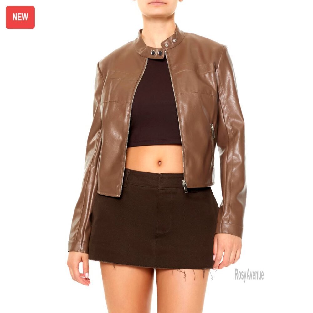 Faux Leather Moto Jacket with Zip Front and Zippered Pockets